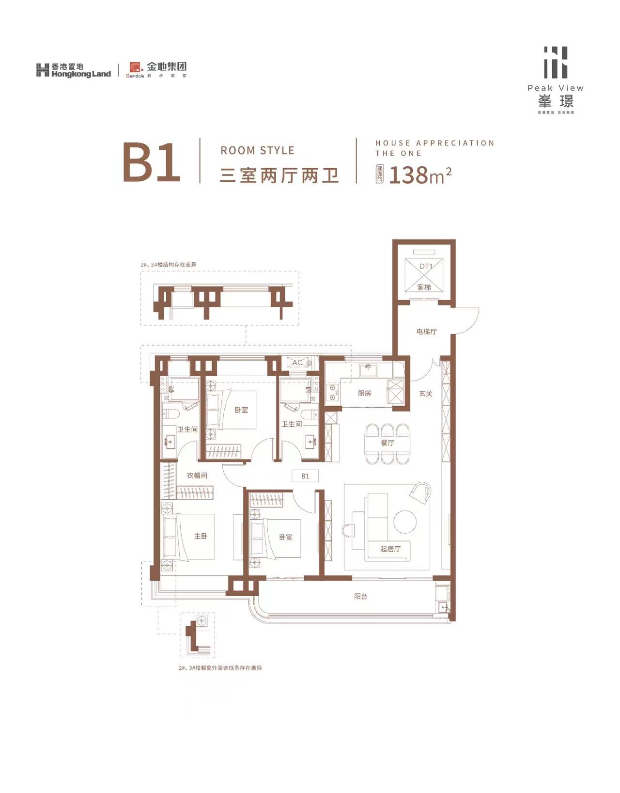 香港置地.金地.夆璟三房两厅两卫138㎡户型图