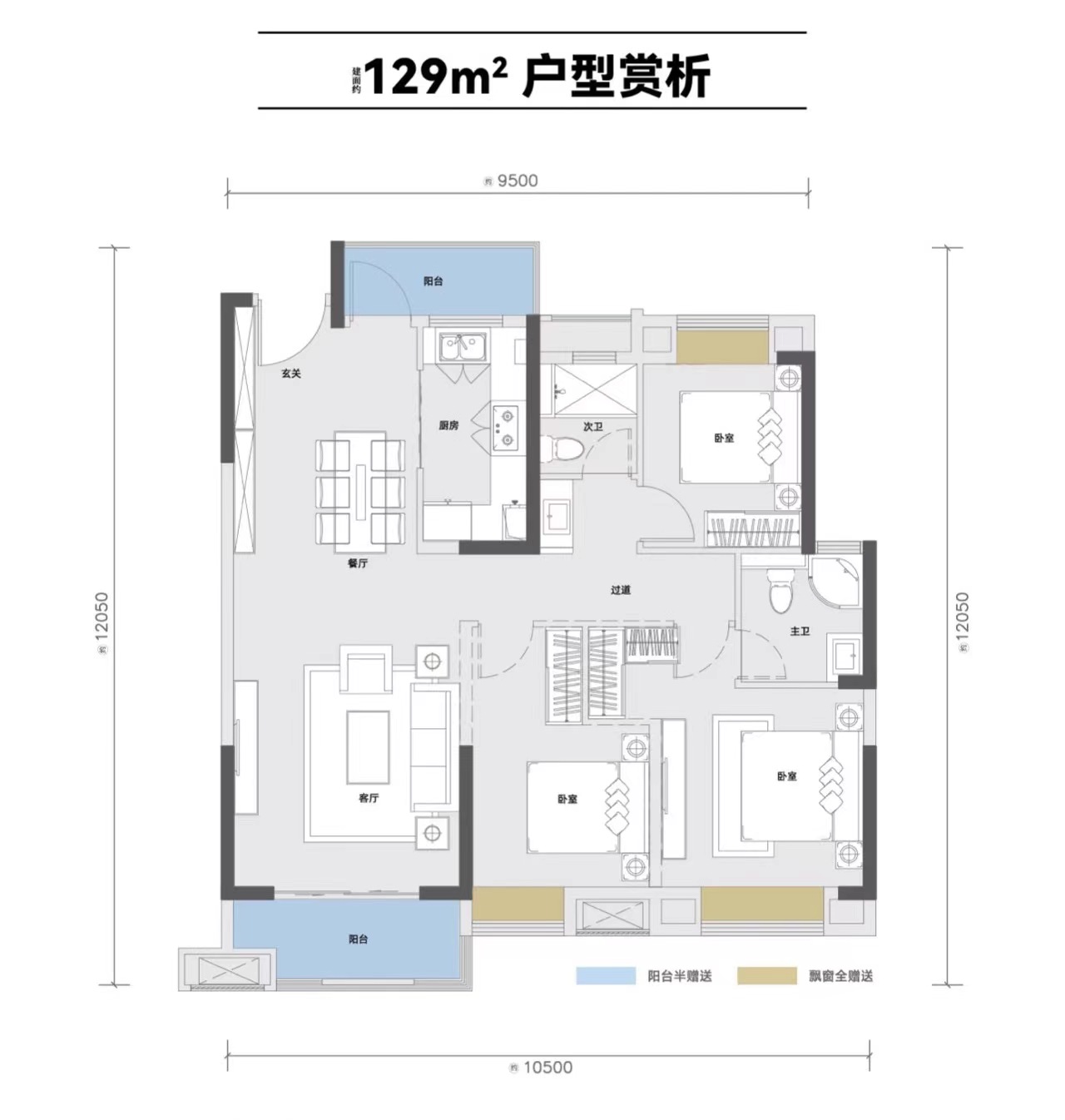 武汉城建电建滨江云城三室两厅两卫129㎡户型图