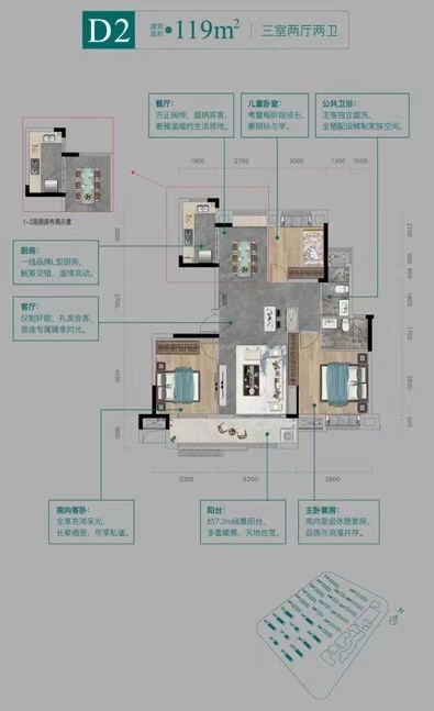 北辰蔚蓝城市三室两厅两卫119㎡户型图