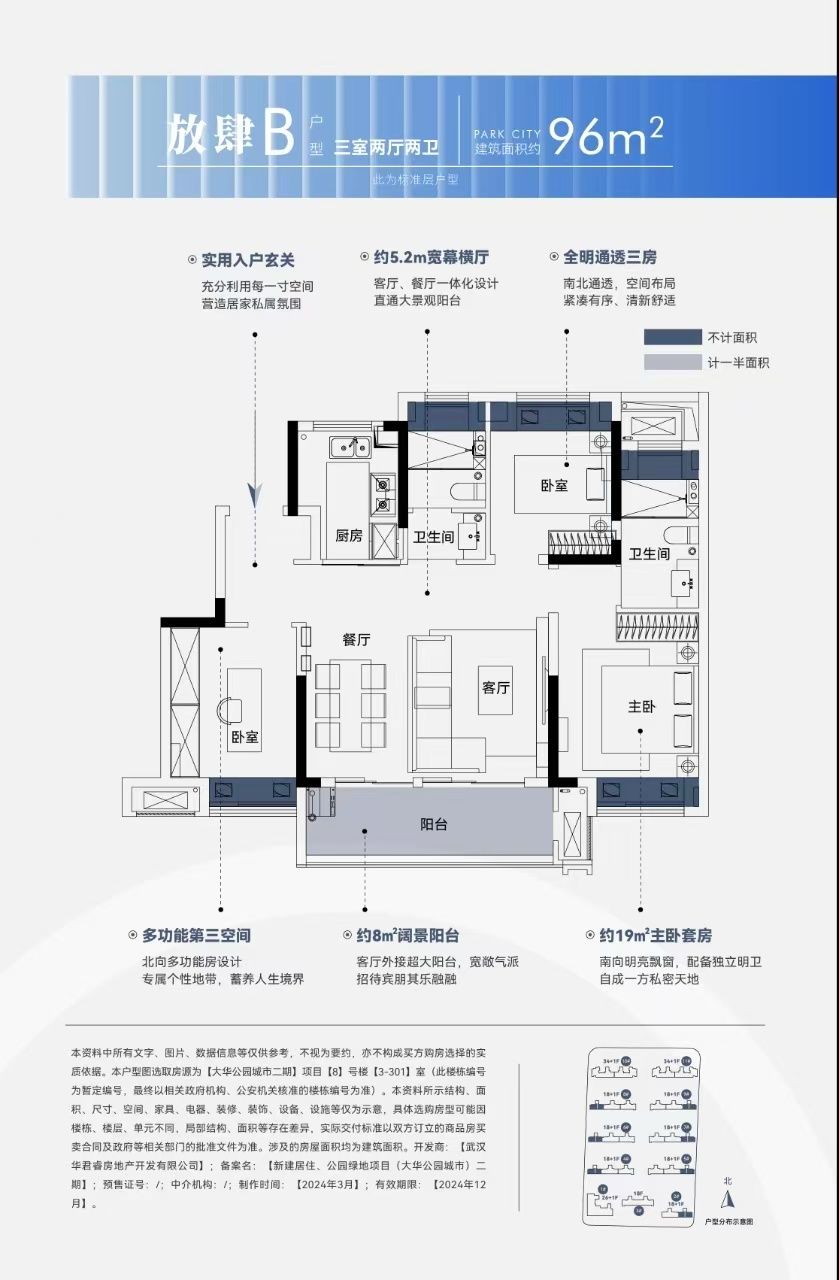 大华公园城市三室两厅两卫96㎡户型图
