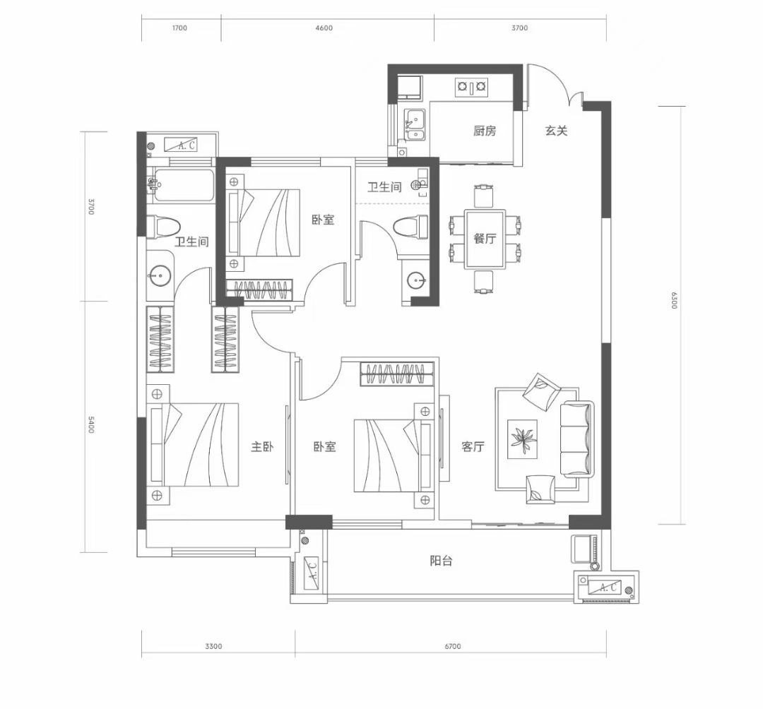 东湖ONE三室两厅两卫118㎡户型图