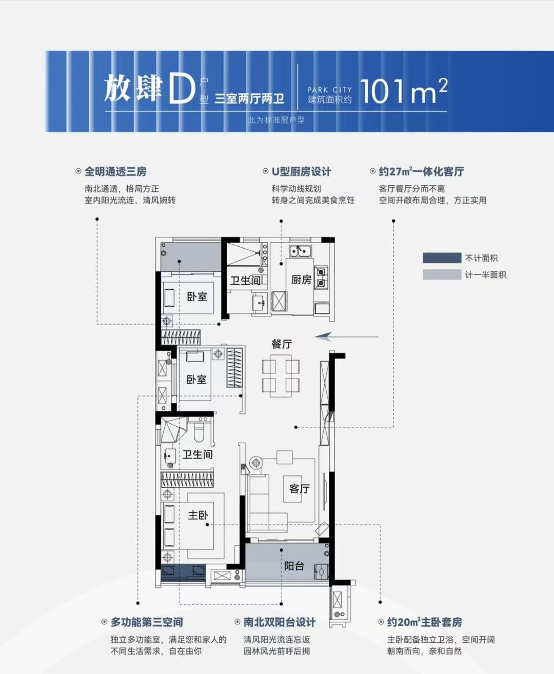 大华公园城市三室两厅两卫101㎡户型图
