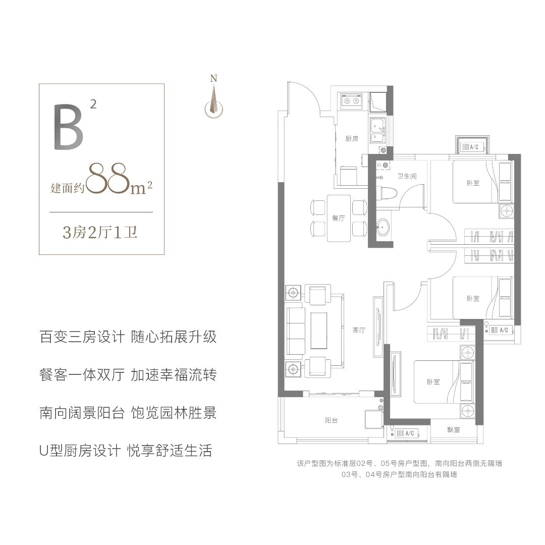璟宸时代三室两厅一卫88㎡户型图