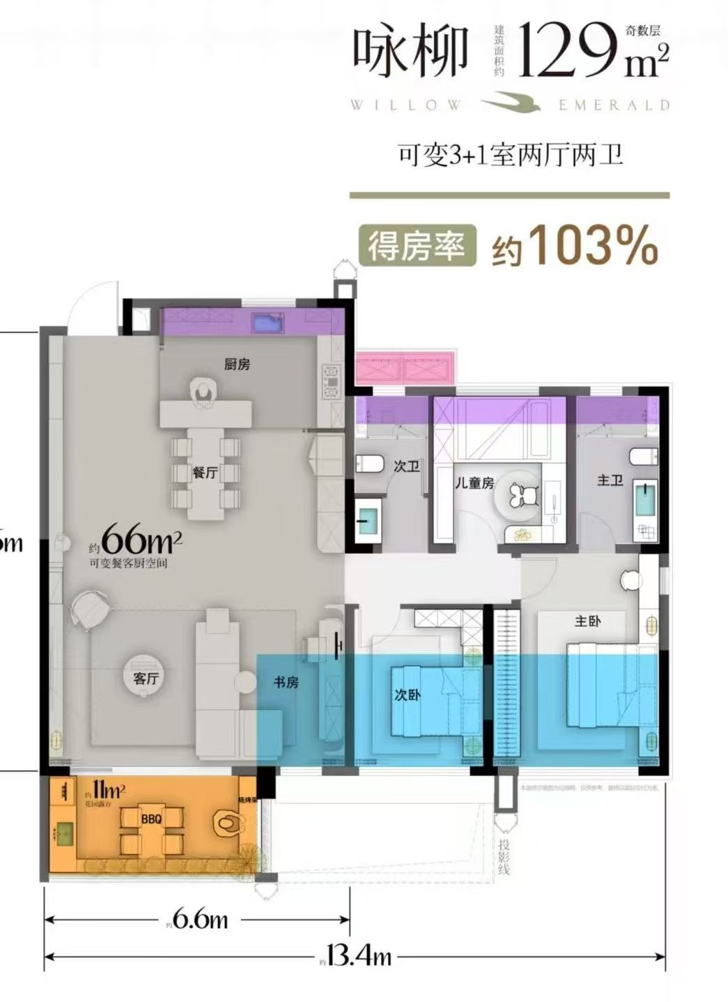 绿城·柳岸鸣翠三室两厅两卫129㎡户型图